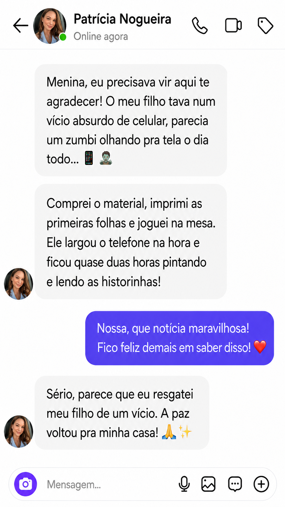 Depoimento de Patrícia Nogueira: filho largou o celular e ficou horas pintando e lendo as historinhas